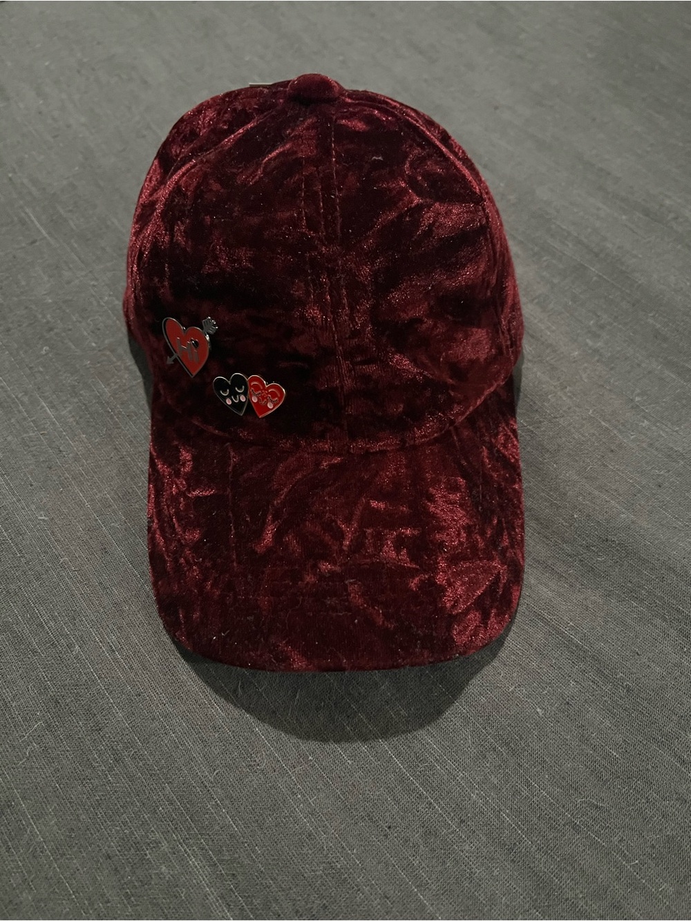 Crushed Velvet Burgundy Baseball Cap with Heart Pins